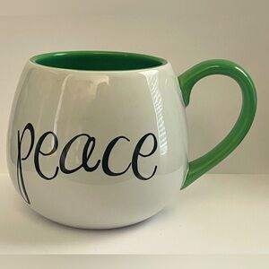 "Peace" Coffee Mug Teacup by Clay Art ~ White with Green Handle and Interior